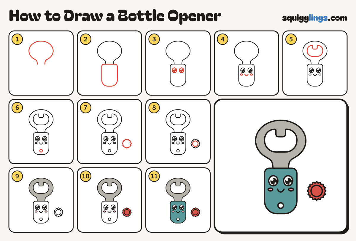 How to Draw a Bottle Opener step by step: all 11 steps in one picture