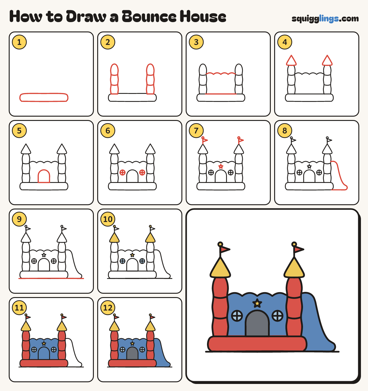 How to Draw a Bounce House step by step: all 12 steps in one picture