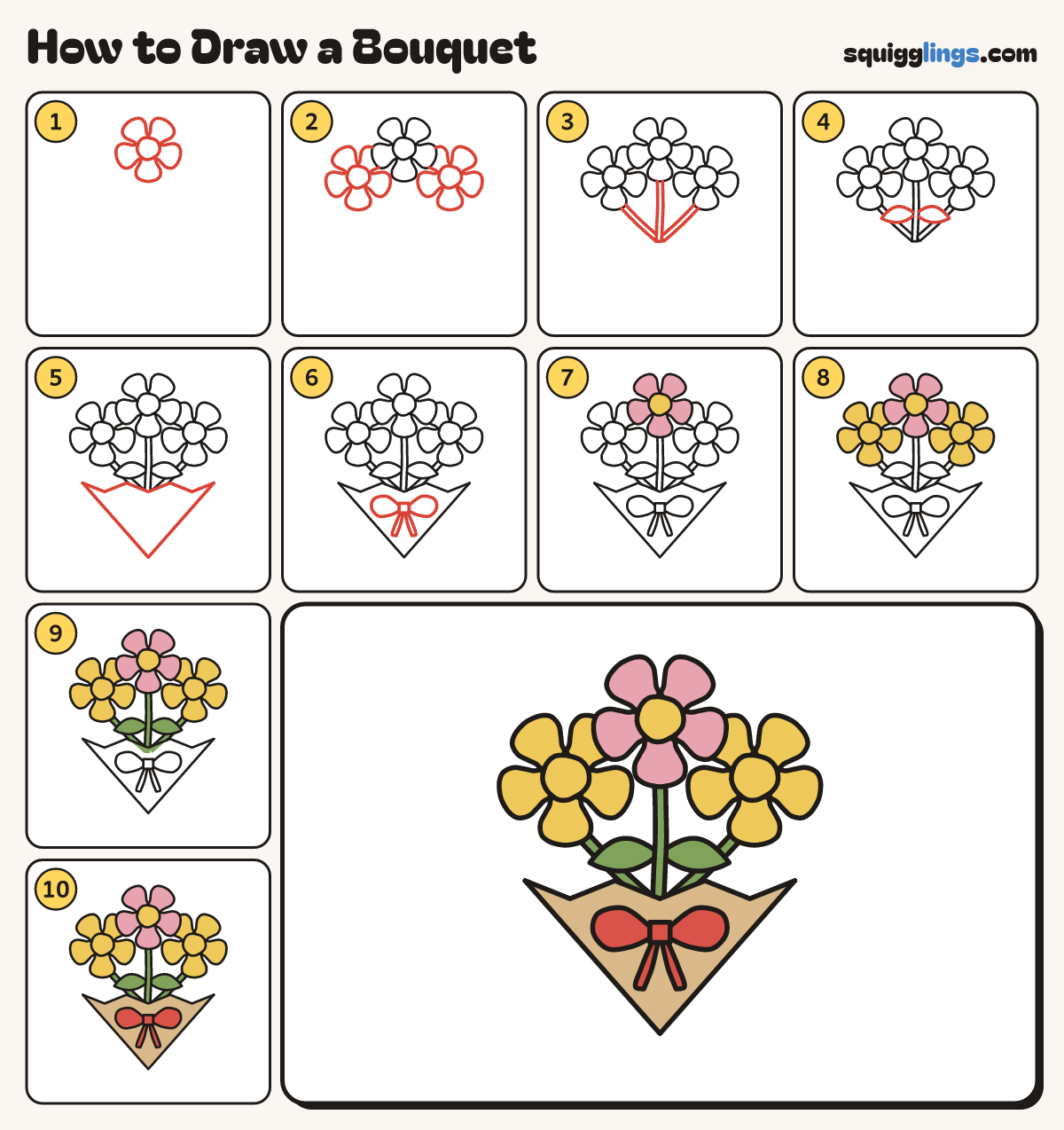 How to Draw a Bouquet step by step: all 10 steps in one picture