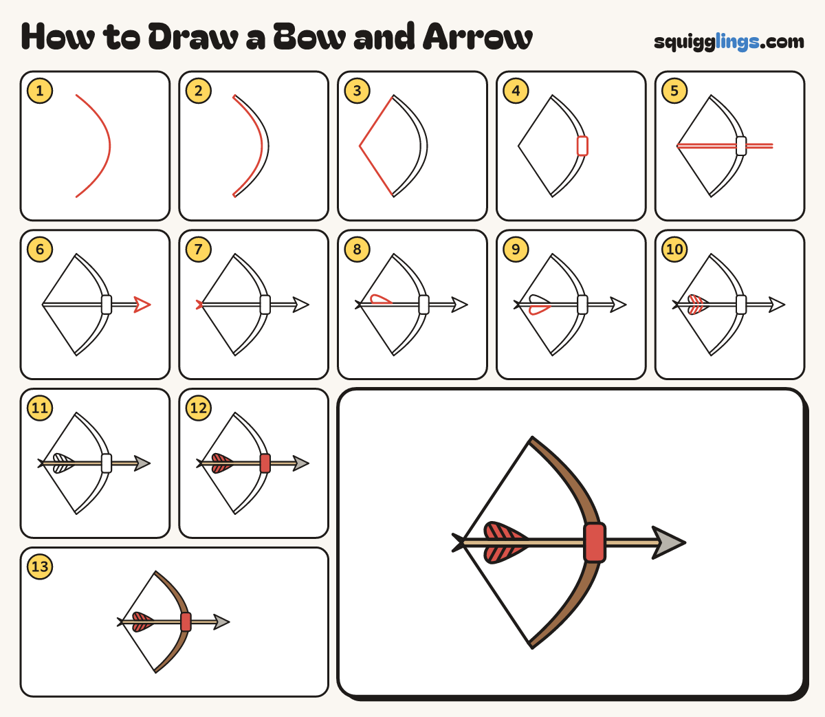 How to Draw a Bow and Arrow step by step: all 13 steps in one picture