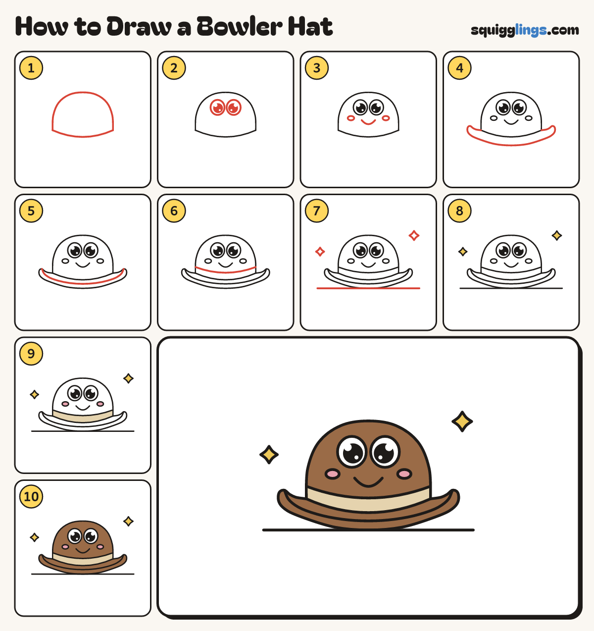 How to Draw a Bowler Hat step by step: all 10 steps in one picture