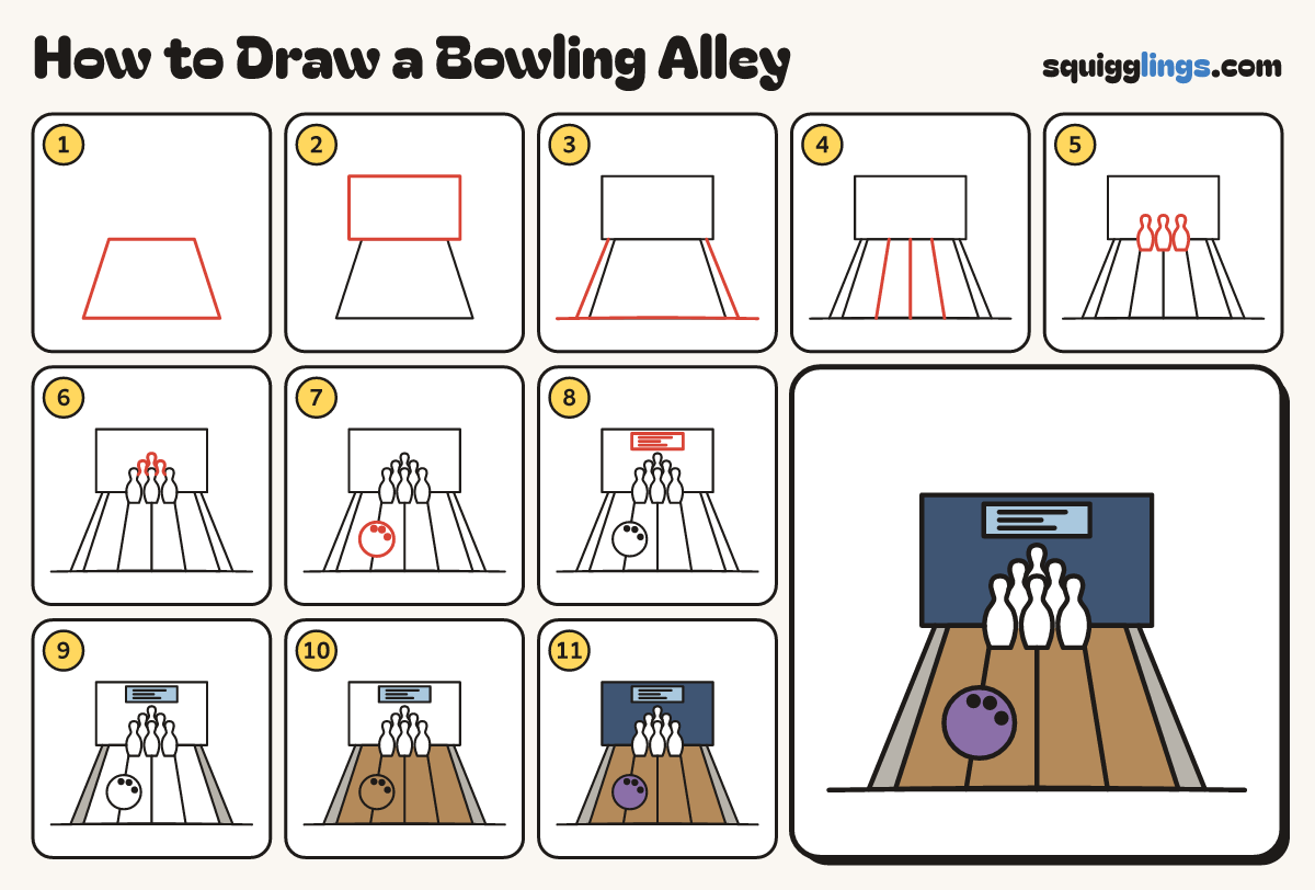 How to Draw a Bowling Alley step by step: all 11 steps in one picture