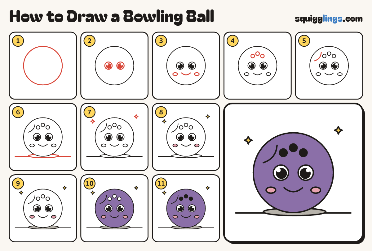 How to Draw a Bowling Ball step by step: all 11 steps in one picture