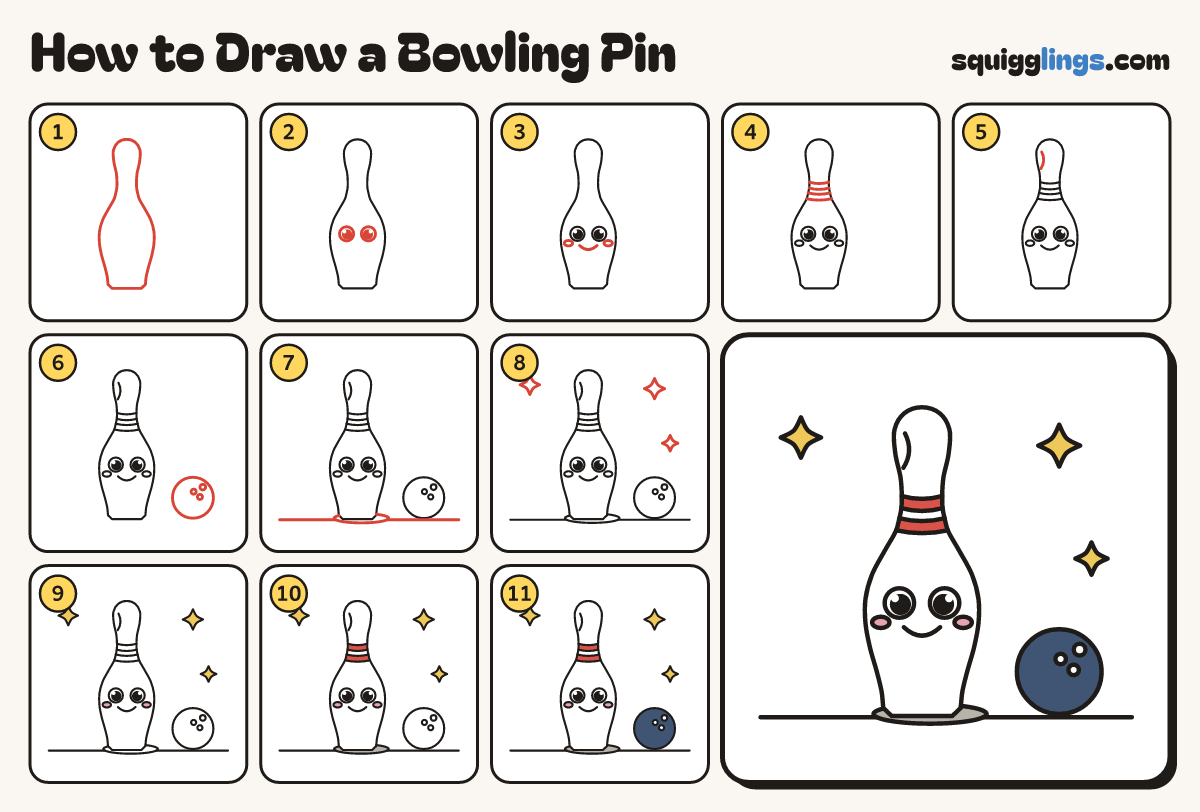 How to Draw a Bowling Pin step by step: all 11 steps in one picture