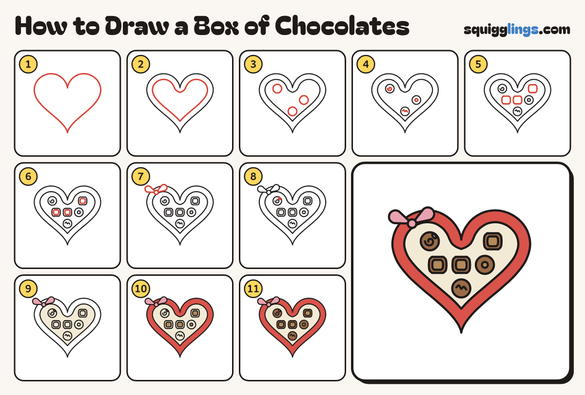 How to Draw a Box of Chocolates step by step: all 11 steps in one picture