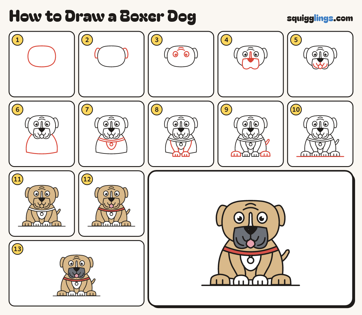 How to Draw a Boxer Dog step by step: all 13 steps in one picture