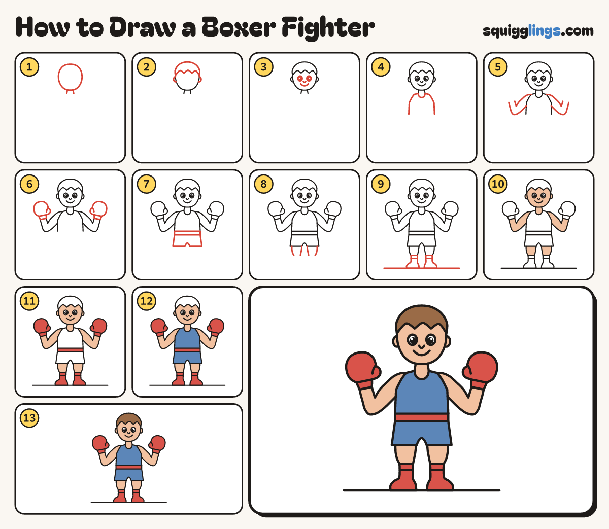 How to Draw a Boxer Fighter step by step: all 13 steps in one picture
