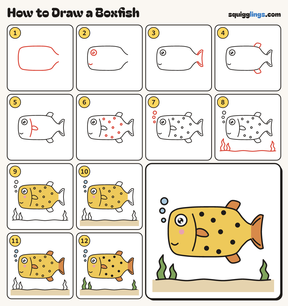 How to Draw a Boxfish step by step: all 12 steps in one picture