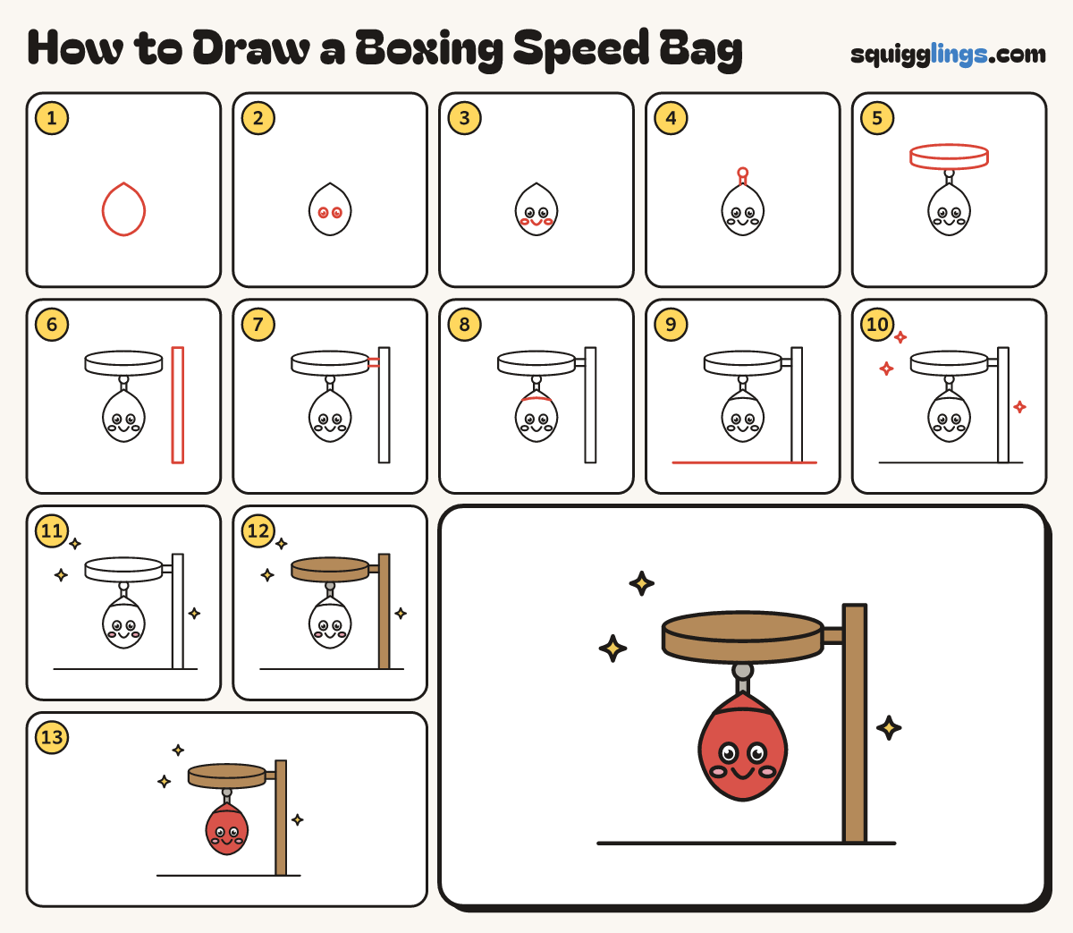 How to Draw a Boxing Speed Bag step by step: all 13 steps in one picture