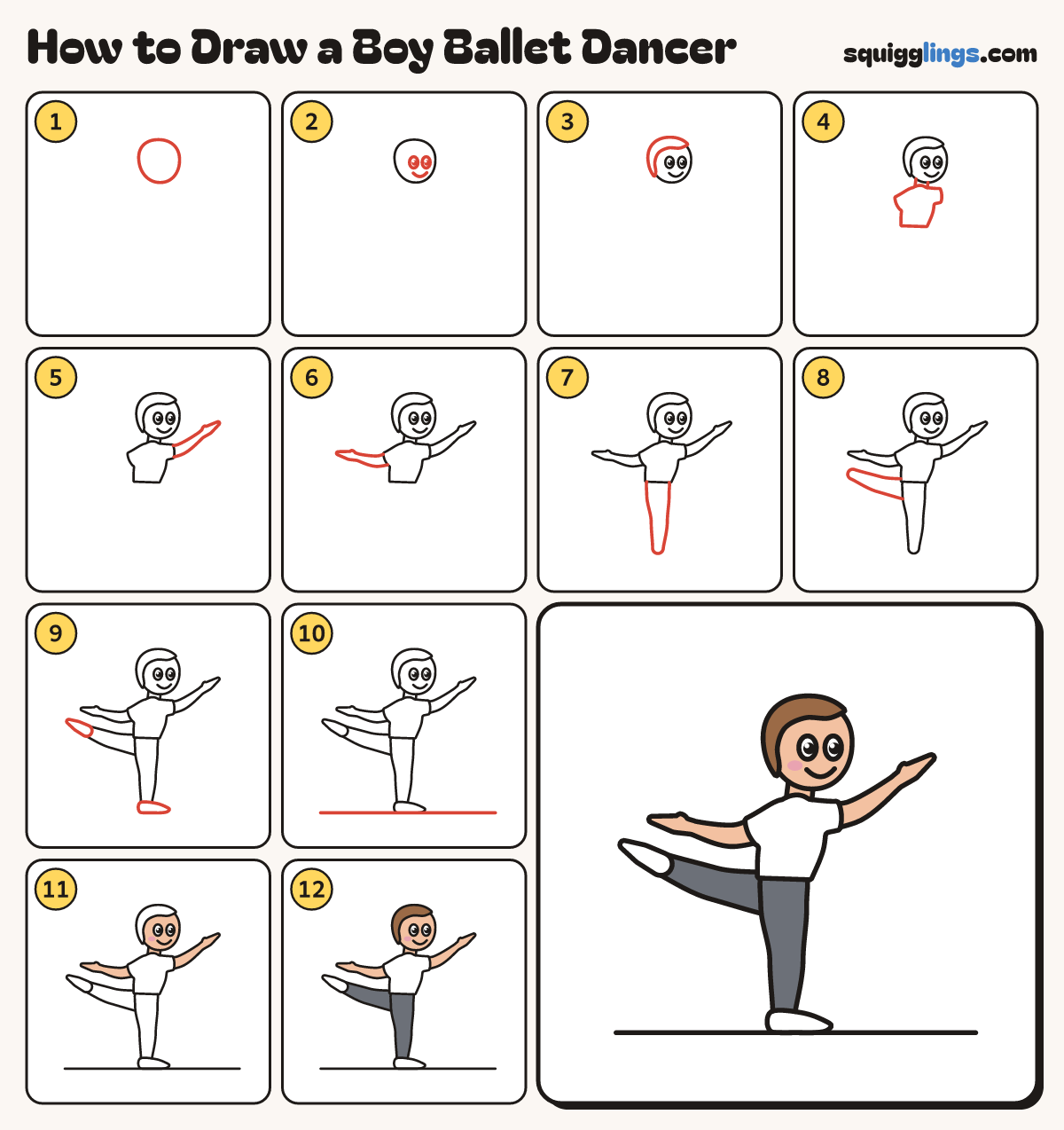 How to Draw a Boy Ballet Dancer step by step: all 12 steps in one picture