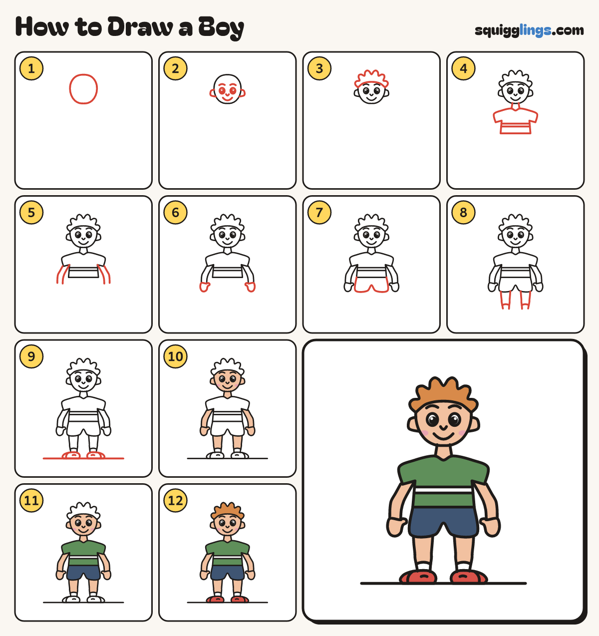 How to Draw a Boy step by step: all 12 steps in one picture