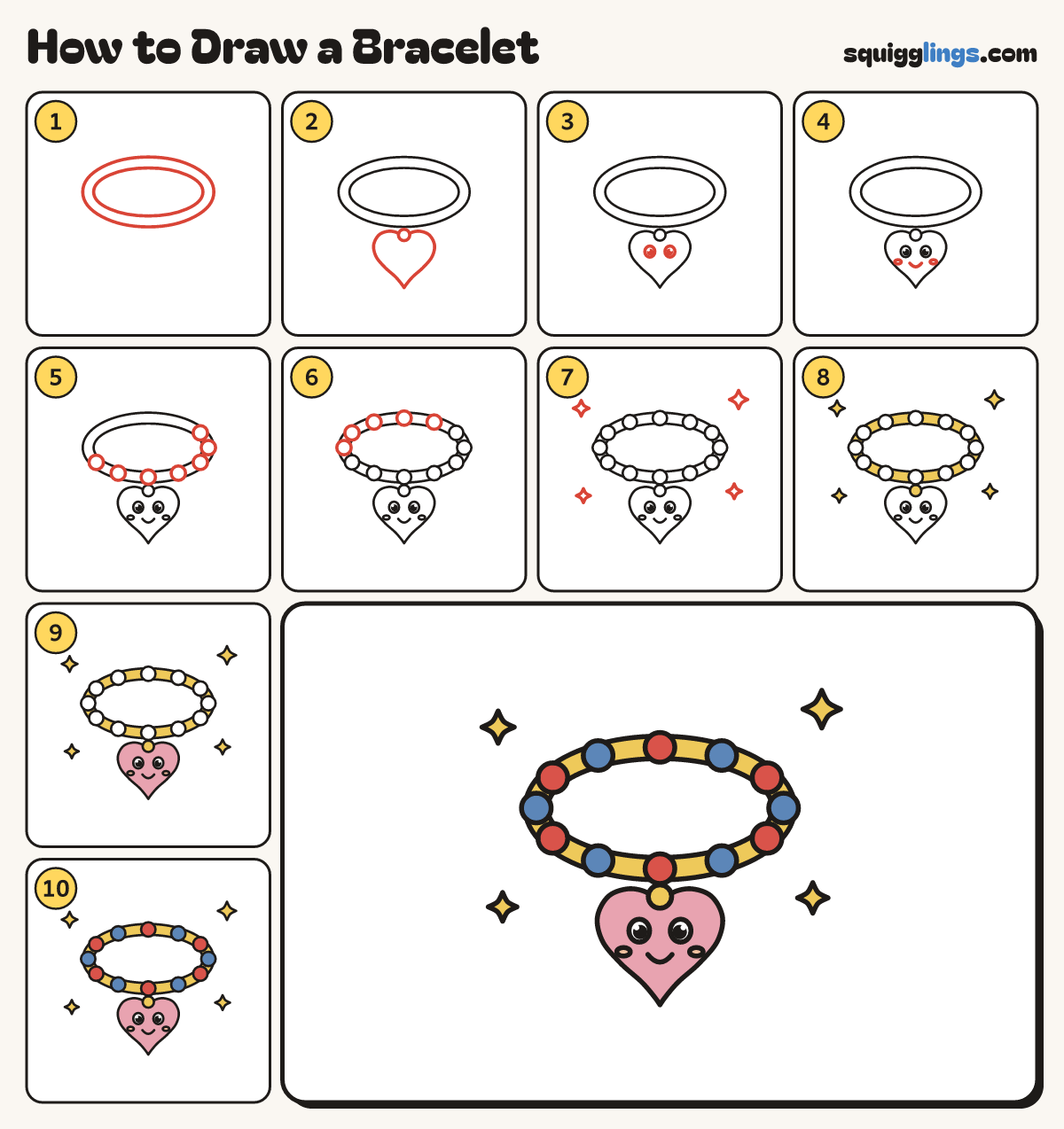 How to Draw a Bracelet step by step: all 10 steps in one picture