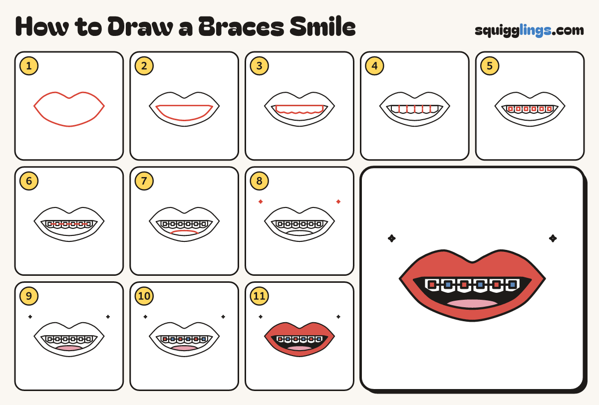 How to Draw a Braces Smile step by step: all 11 steps in one picture