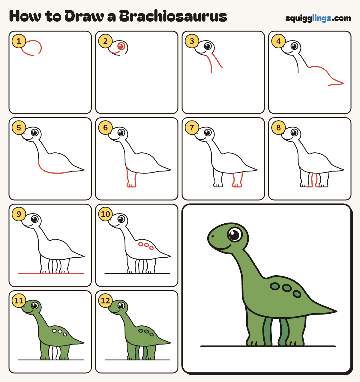 How to Draw a Brachiosaurus step by step: all 12 steps in one picture
