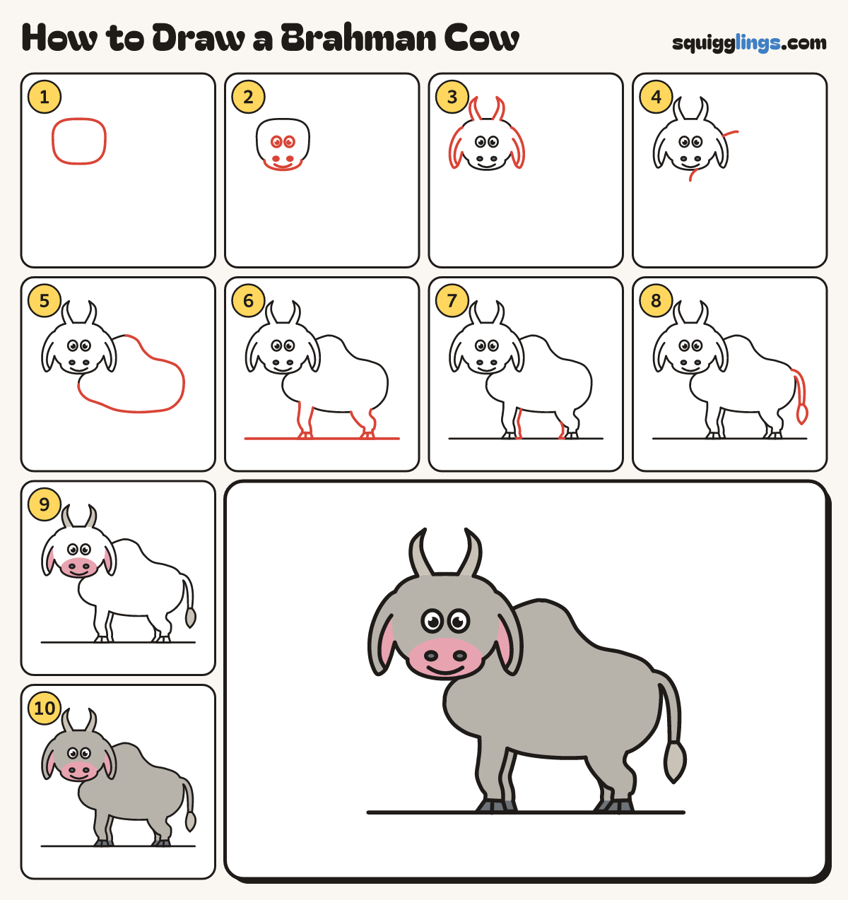 How to Draw a Brahman Cow step by step: all 10 steps in one picture