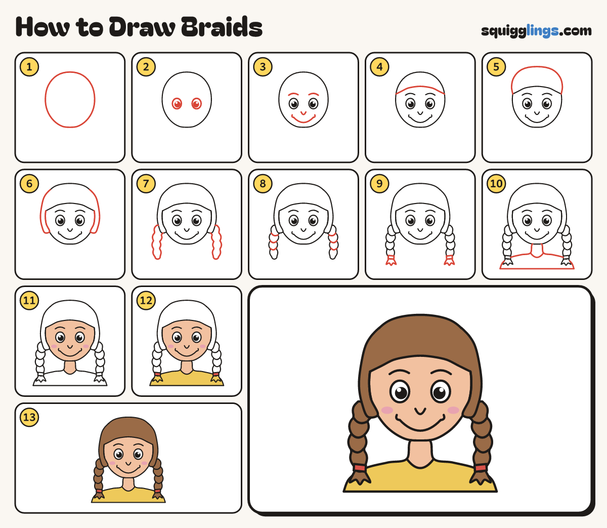 How to Draw Braids step by step: all 13 steps in one picture