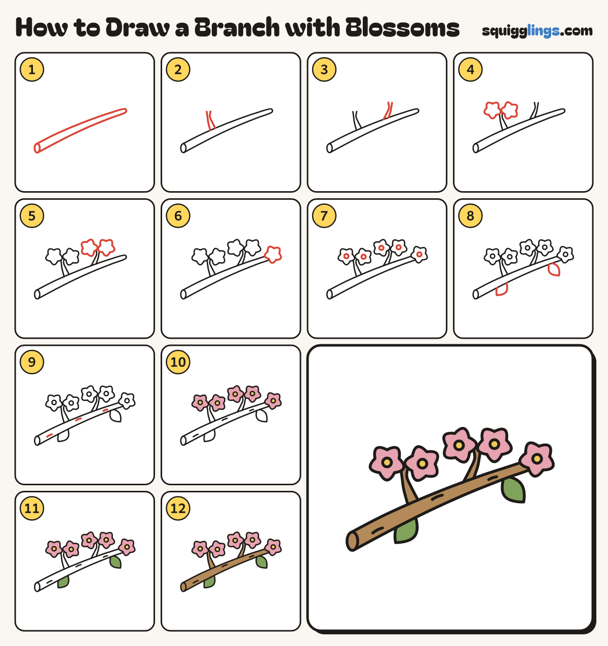 How to Draw a Branch with Blossoms step by step: all 12 steps in one picture
