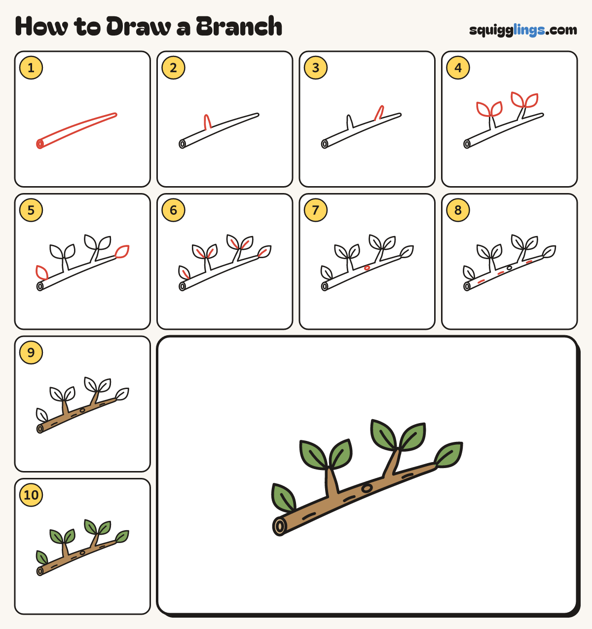 How to Draw a Branch step by step: all 10 steps in one picture