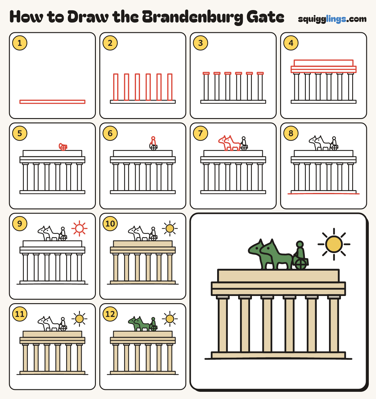 How to Draw the Brandenburg Gate step by step: all 12 steps in one picture