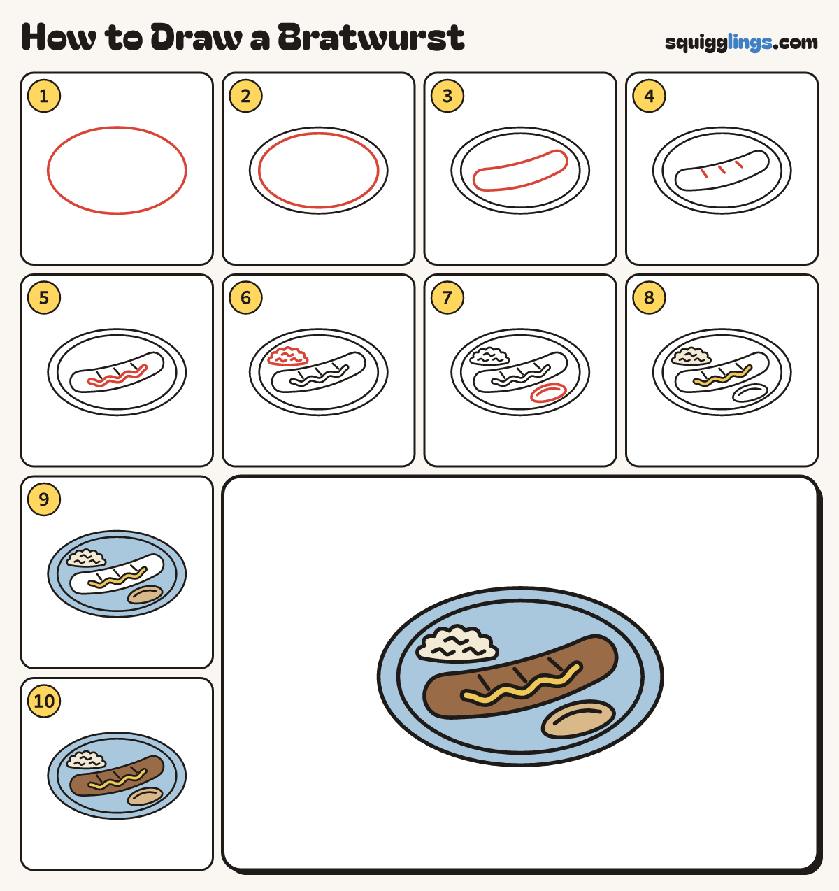 How to Draw a Bratwurst step by step: all 10 steps in one picture