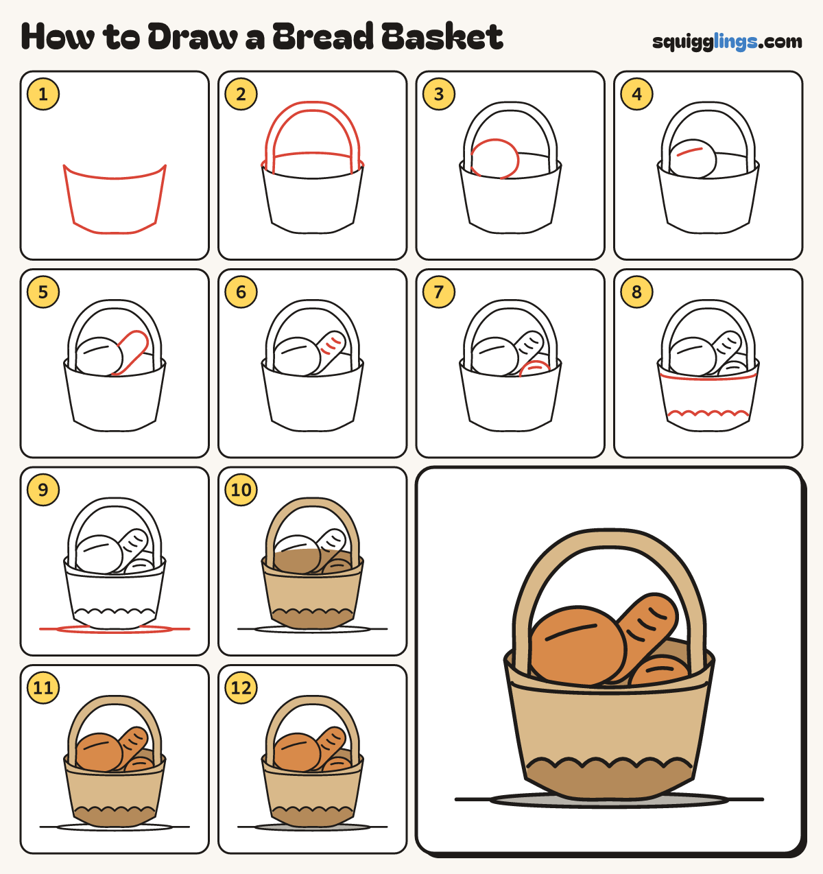 How to Draw a Bread Basket step by step: all 12 steps in one picture