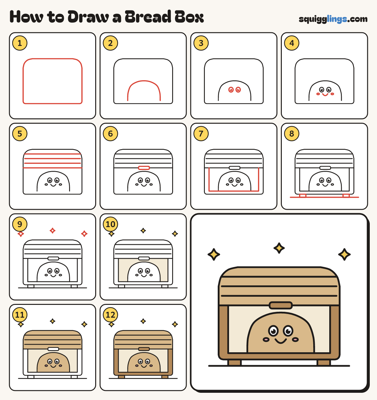 How to Draw a Bread Box step by step: all 12 steps in one picture