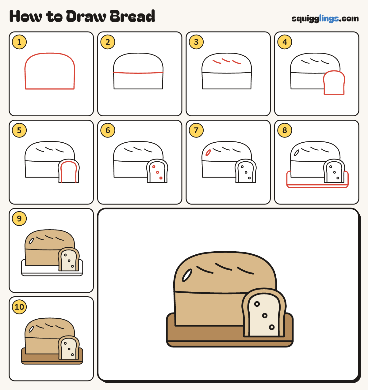 How to Draw Bread step by step: all 10 steps in one picture