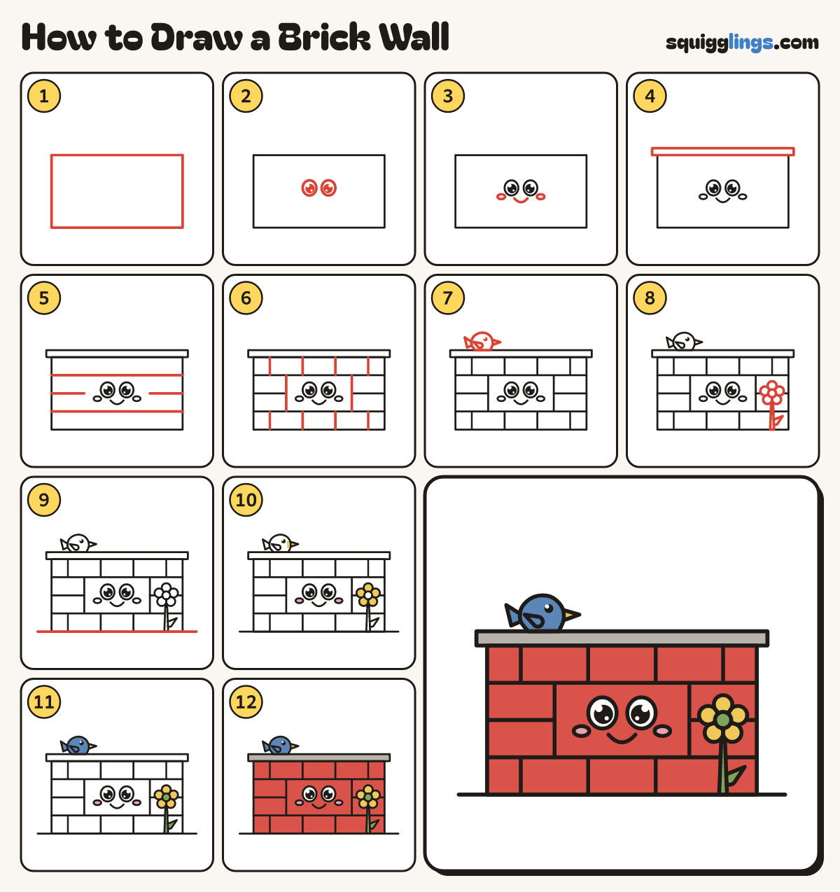 How to Draw a Brick Wall step by step: all 12 steps in one picture
