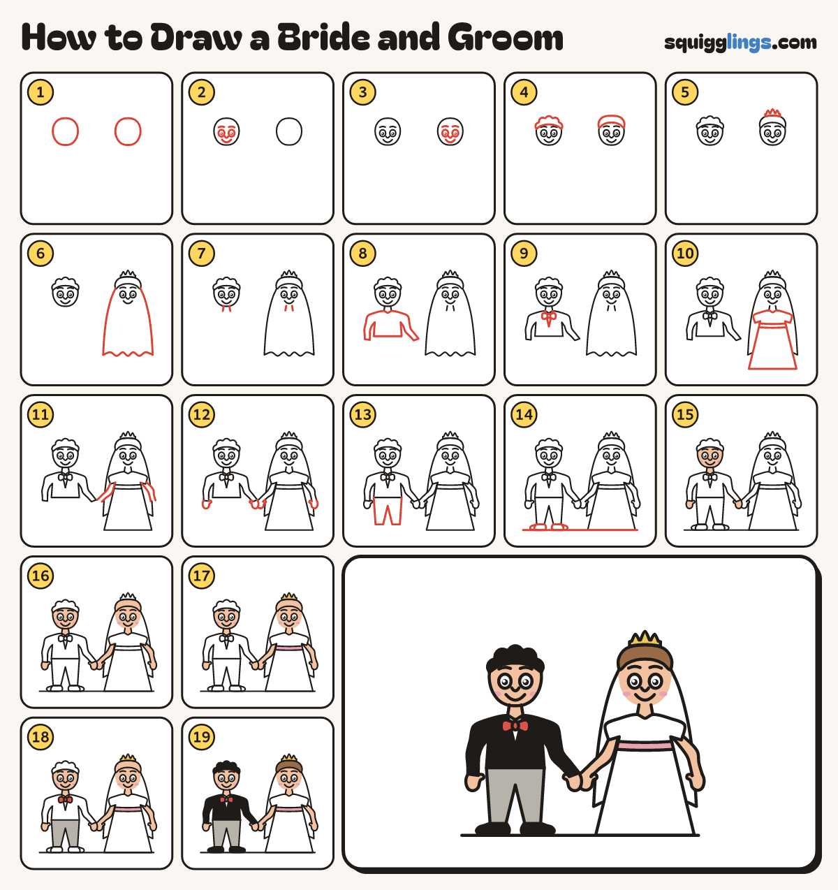 How to Draw a Bride and Groom step by step: all 19 steps in one picture