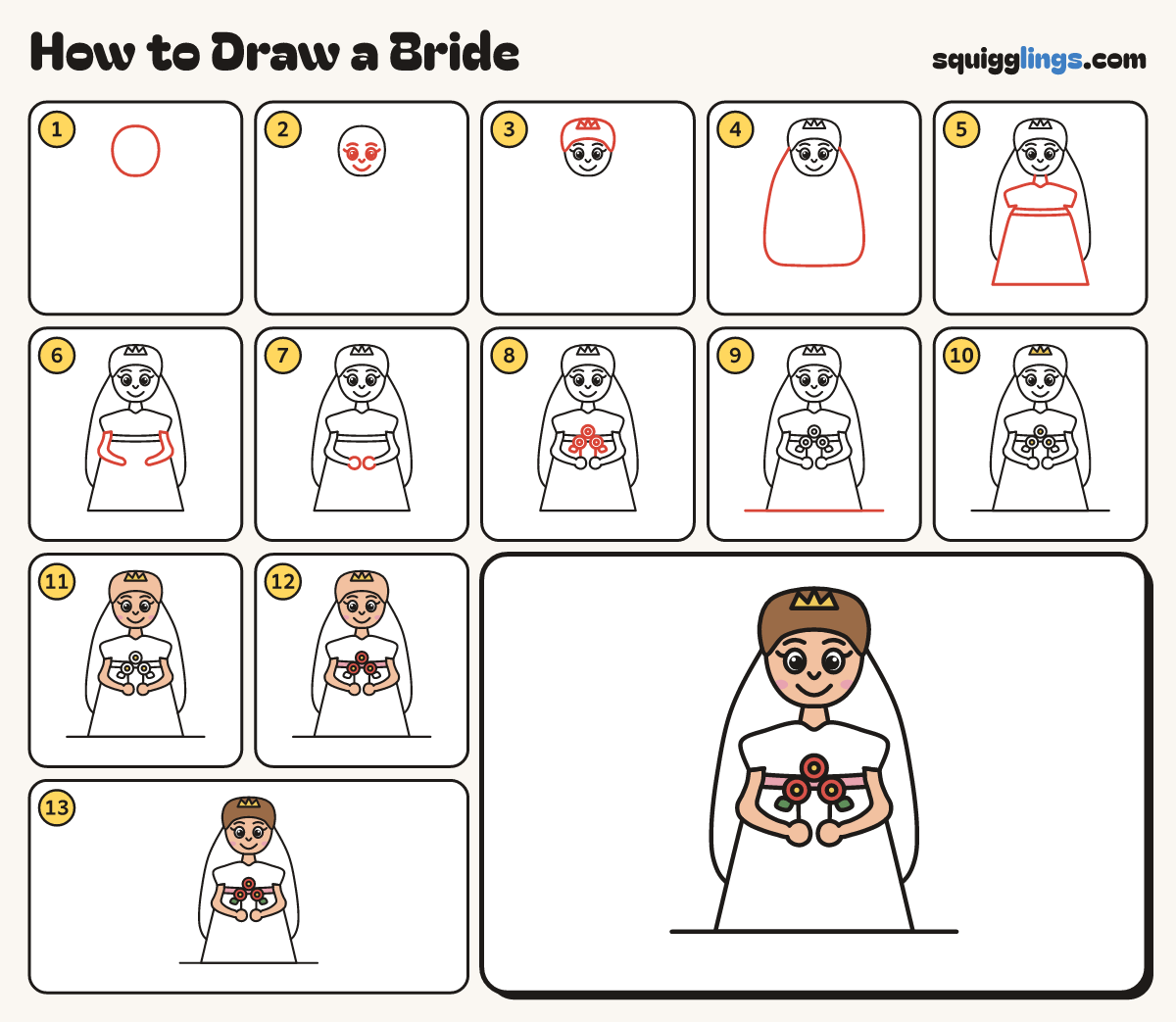 How to Draw a Bride step by step: all 13 steps in one picture