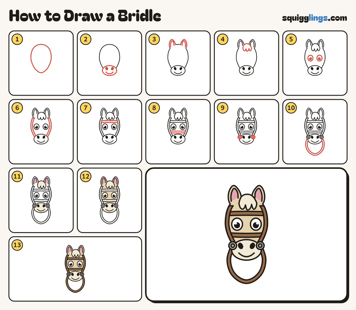 How to Draw a Bridle step by step: all 13 steps in one picture