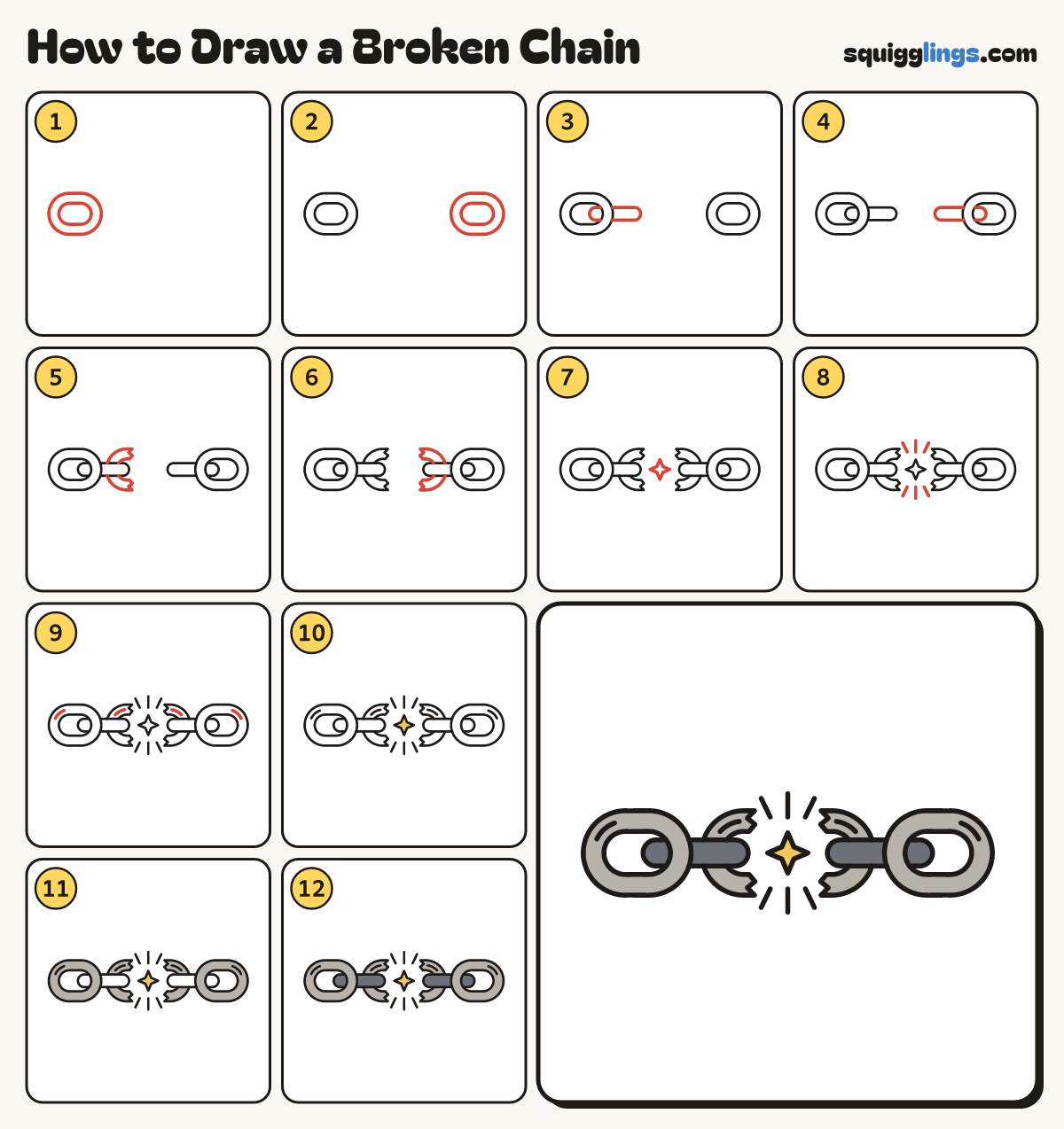 How to Draw a Broken Chain step by step: all 12 steps in one picture