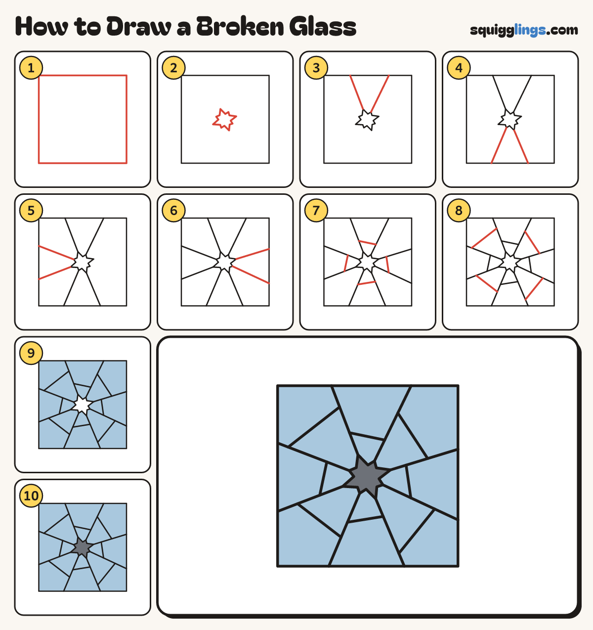 How to Draw a Broken Glass step by step: all 10 steps in one picture