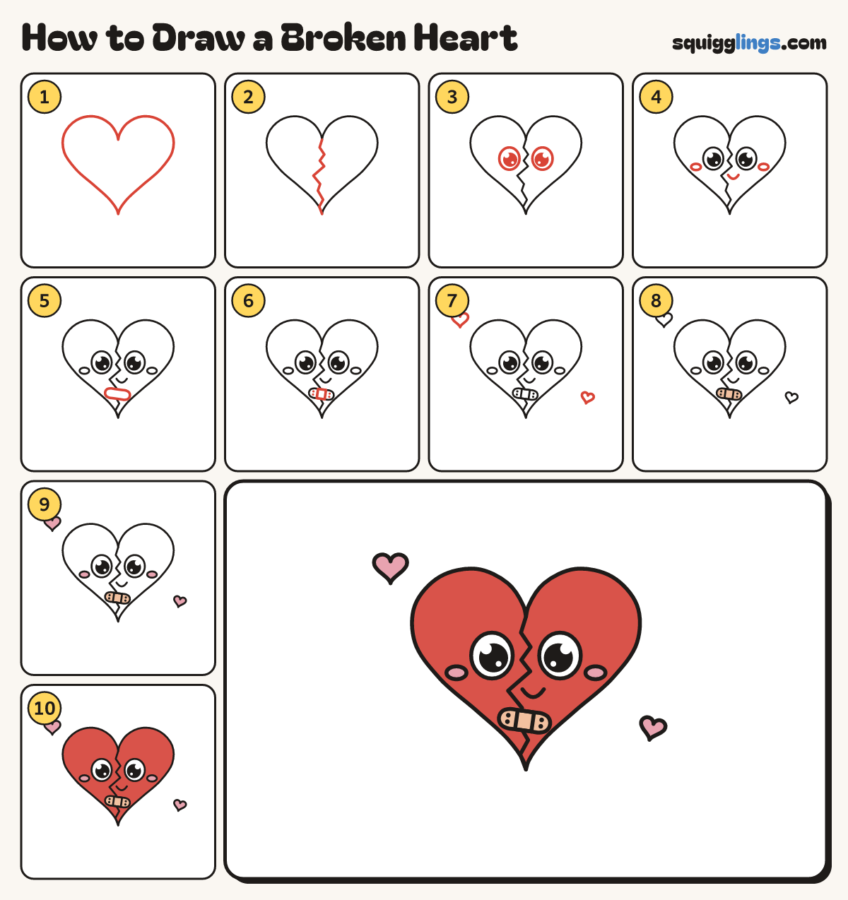 How to Draw a Broken Heart step by step: all 10 steps in one picture