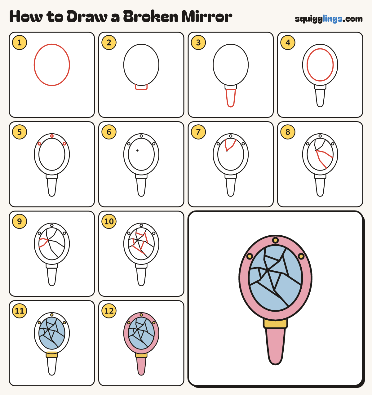 How to Draw a Broken Mirror step by step: all 12 steps in one picture