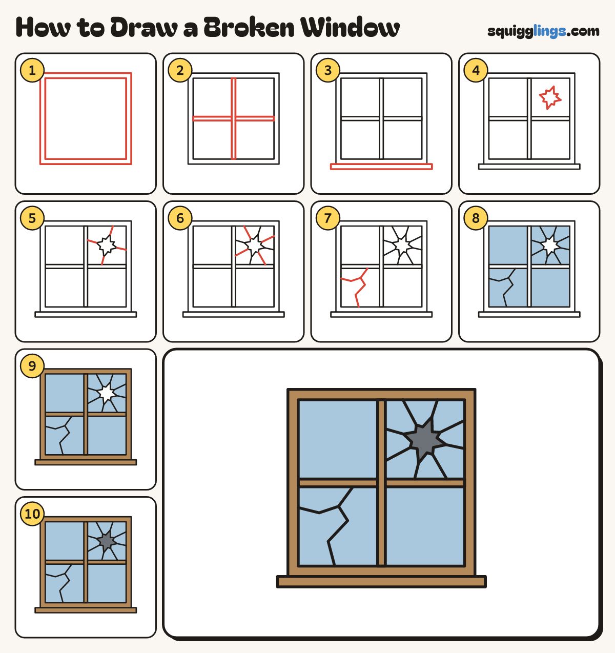 How to Draw a Broken Window step by step: all 10 steps in one picture
