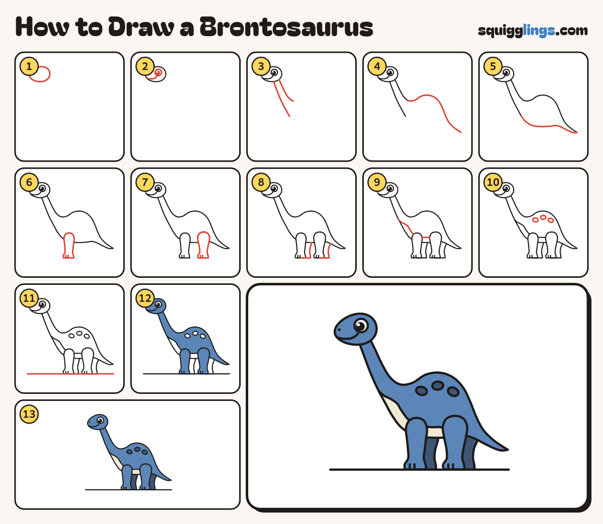 How to Draw a Brontosaurus step by step: all 13 steps in one picture