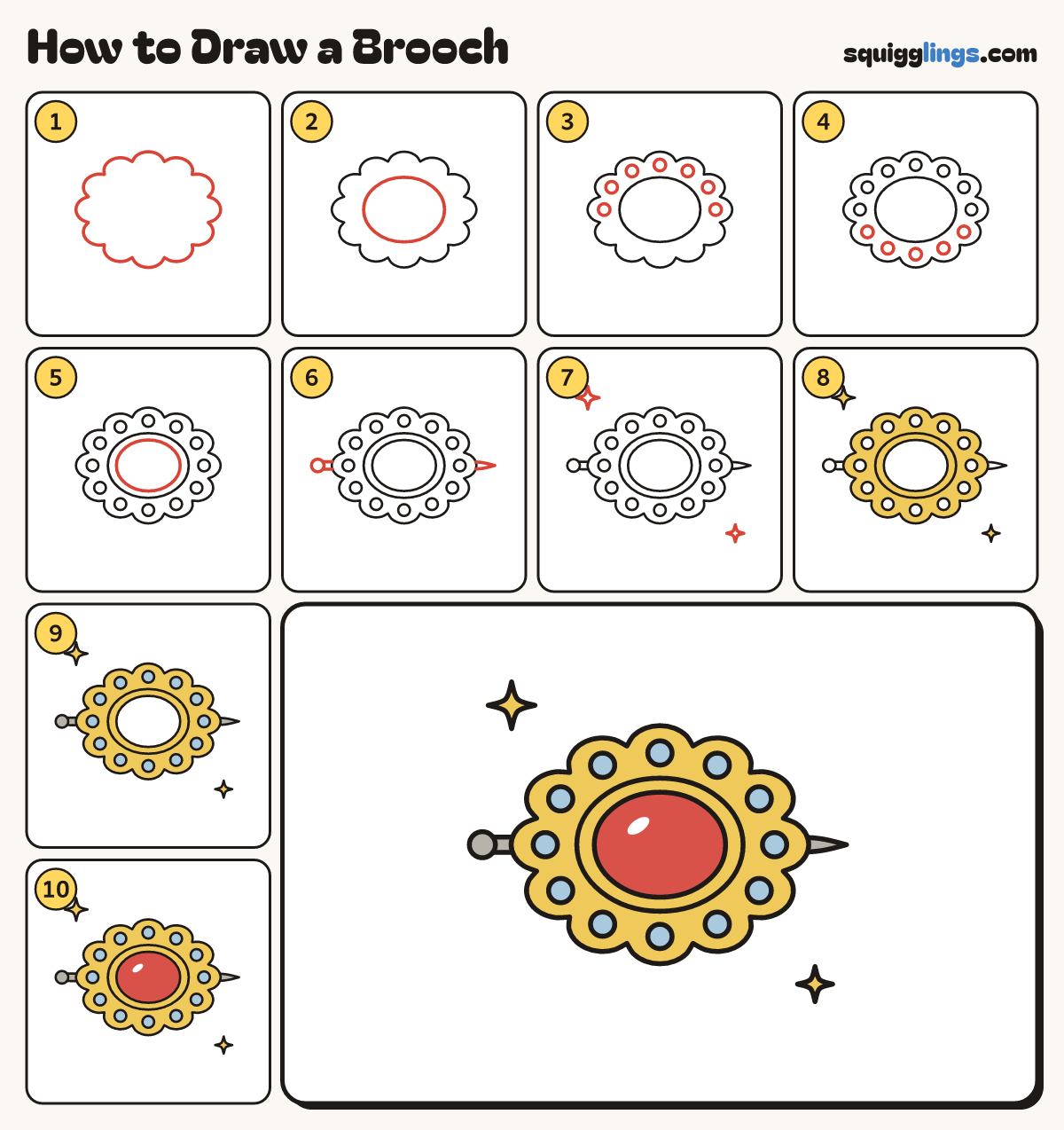How to Draw a Brooch step by step: all 10 steps in one picture