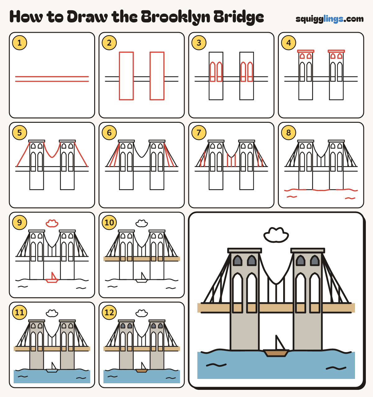 How to Draw the Brooklyn Bridge step by step: all 12 steps in one picture