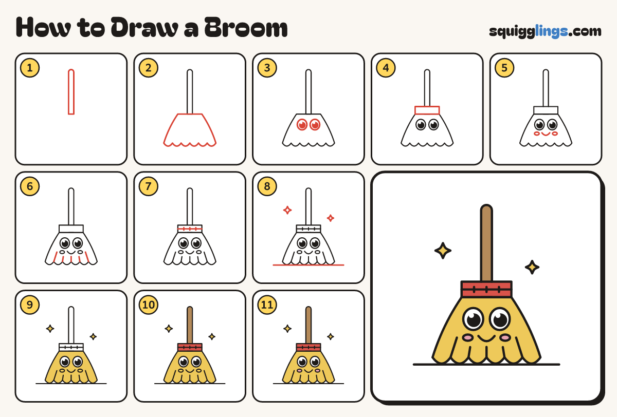 How to Draw a Broom step by step: all 11 steps in one picture