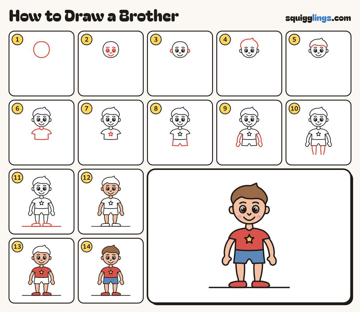 How to Draw a Brother step by step: all 14 steps in one picture