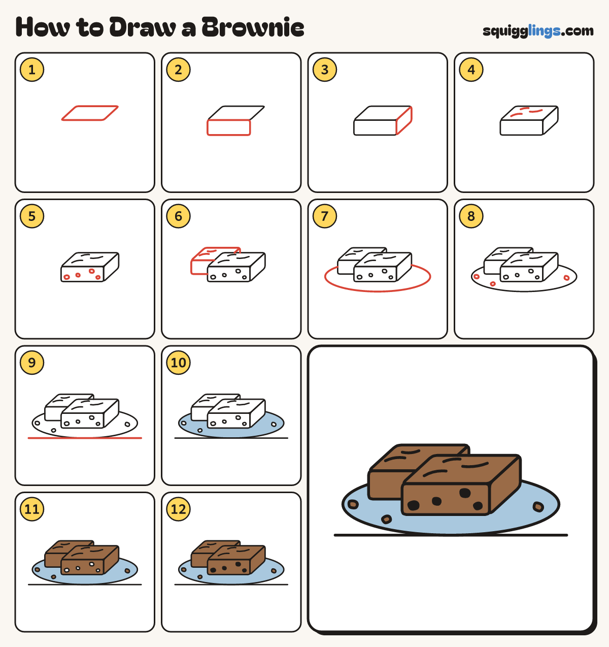 How to Draw a Brownie step by step: all 12 steps in one picture