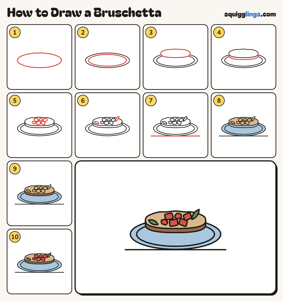 How to Draw a Bruschetta step by step: all 10 steps in one picture