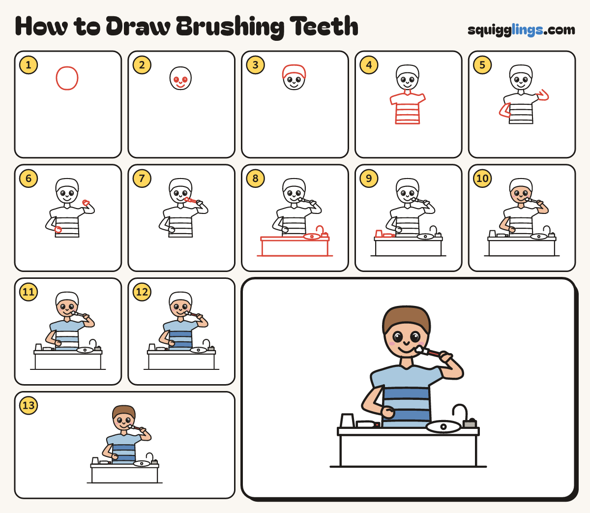 How to Draw Brushing Teeth step by step: all 13 steps in one picture