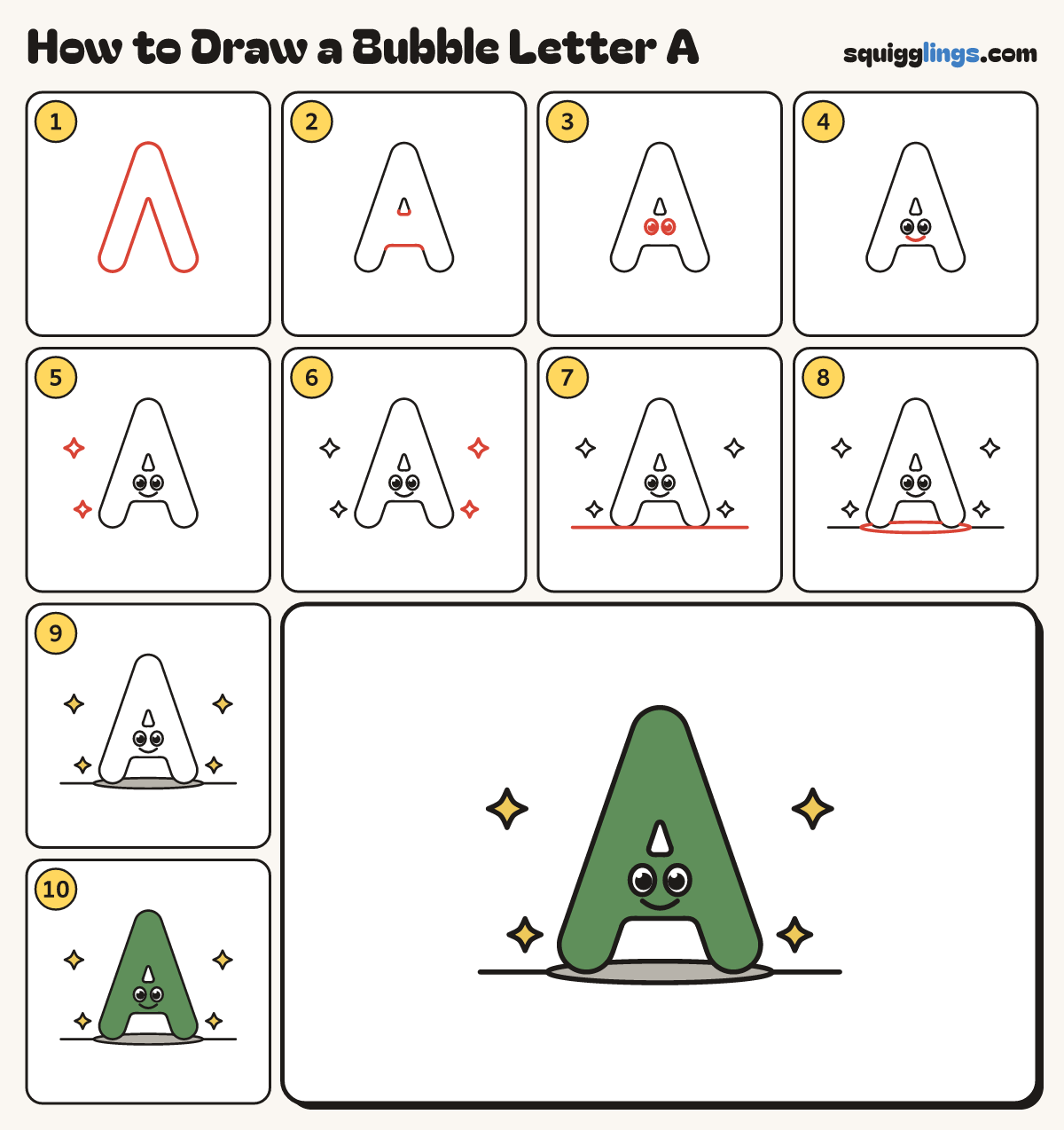 How to Draw a Bubble Letter A step by step: all 10 steps in one picture