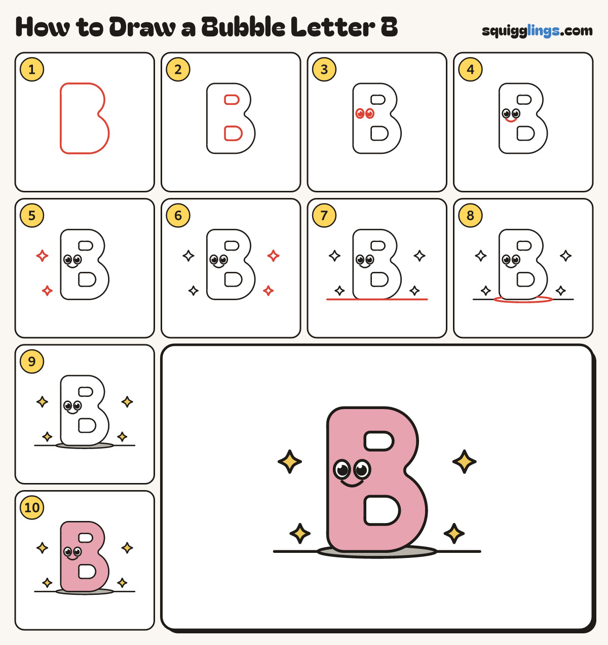 How to Draw a Bubble Letter B step by step: all 10 steps in one picture