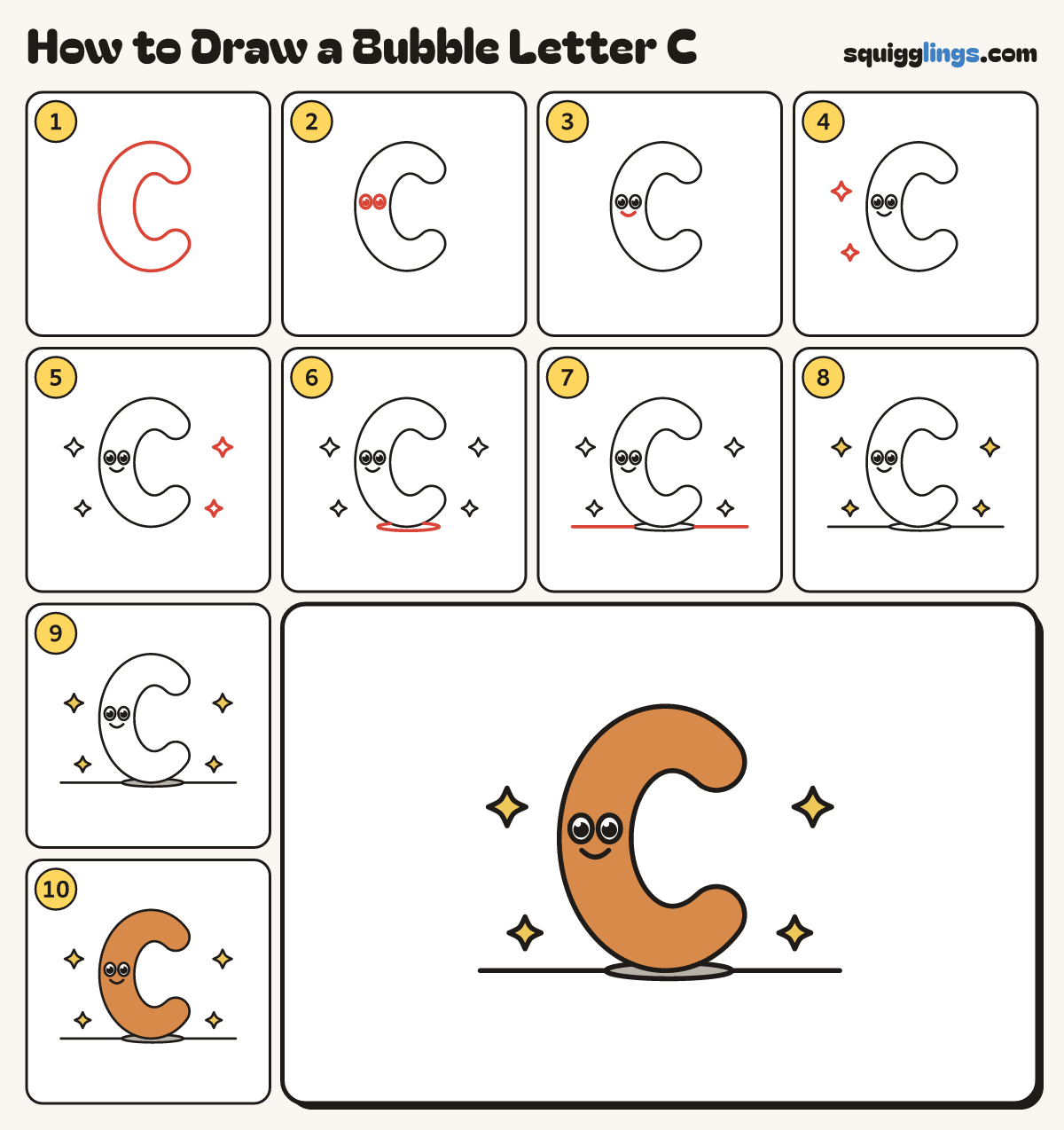 How to Draw a Bubble Letter C step by step: all 10 steps in one picture