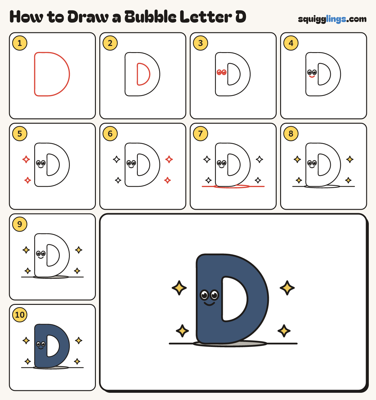 How to Draw a Bubble Letter D step by step: all 10 steps in one picture