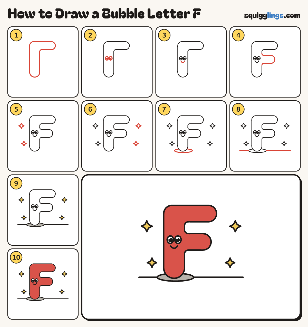 How to Draw a Bubble Letter F step by step: all 10 steps in one picture