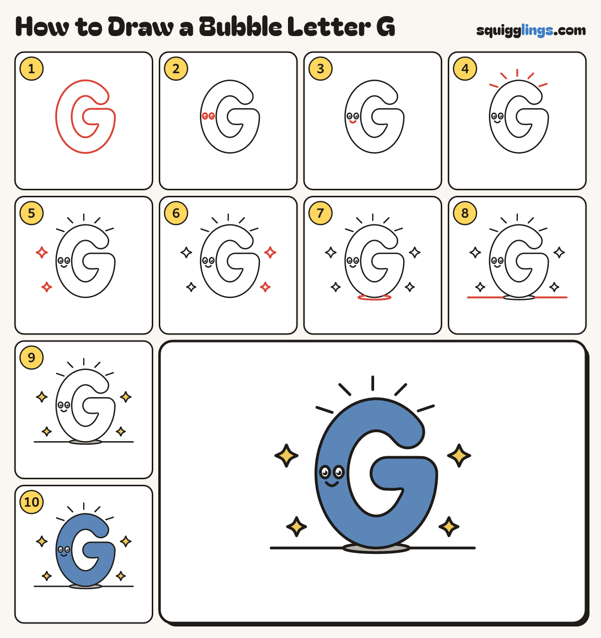 How to Draw a Bubble Letter G step by step: all 10 steps in one picture